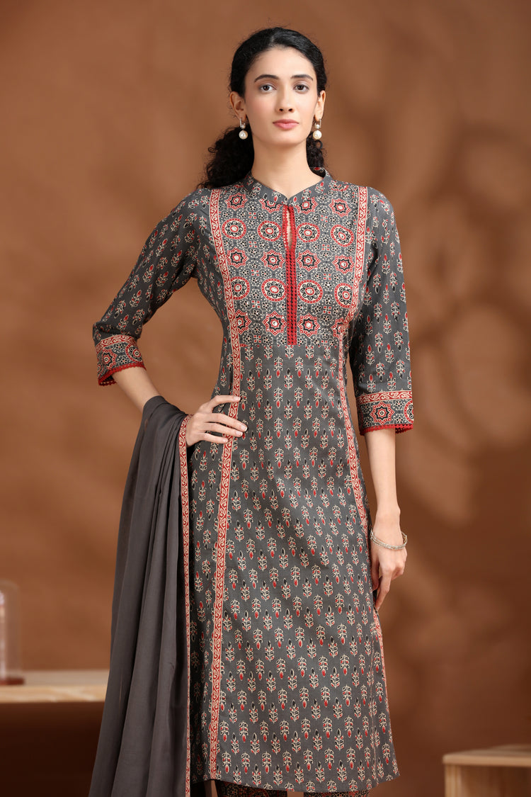 Dark Grey Printed A-Line Cotton Ethnic Set