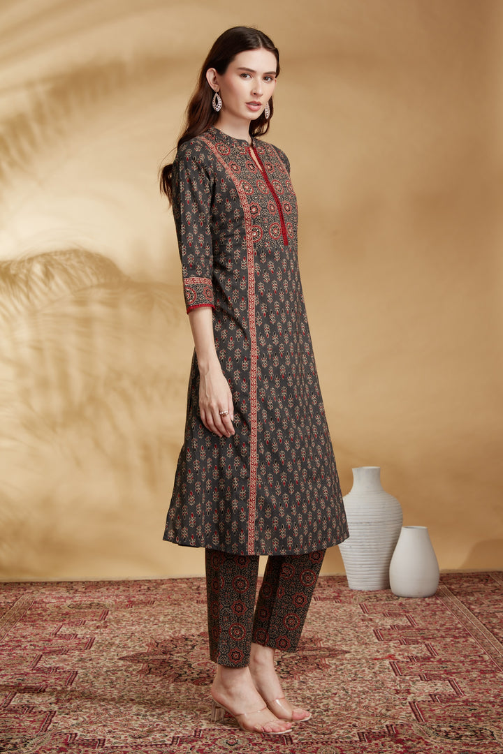 Dark Grey Printed A-Line Cotton Ethnic Set