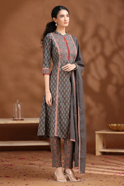 Dark Grey Printed A-Line Cotton Ethnic Set