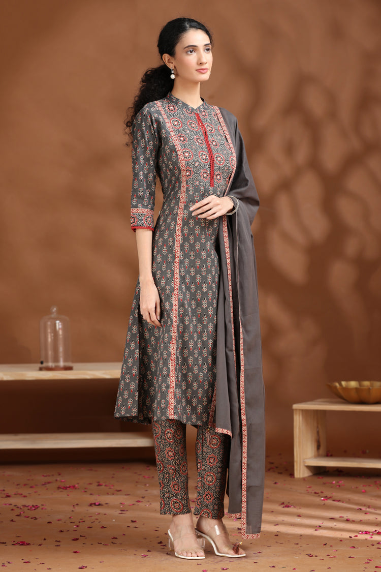 Dark Grey Printed A-Line Cotton Ethnic Set