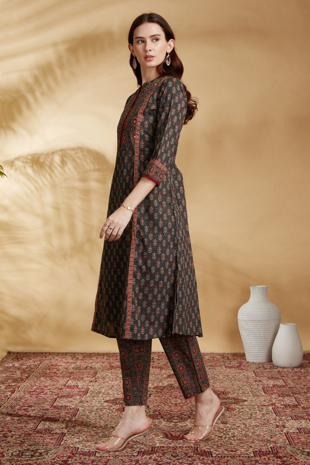 Dark Grey Printed A-Line Cotton Ethnic Set