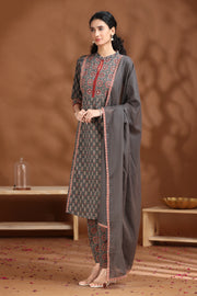 Dark Grey Printed A-Line Cotton Ethnic Set