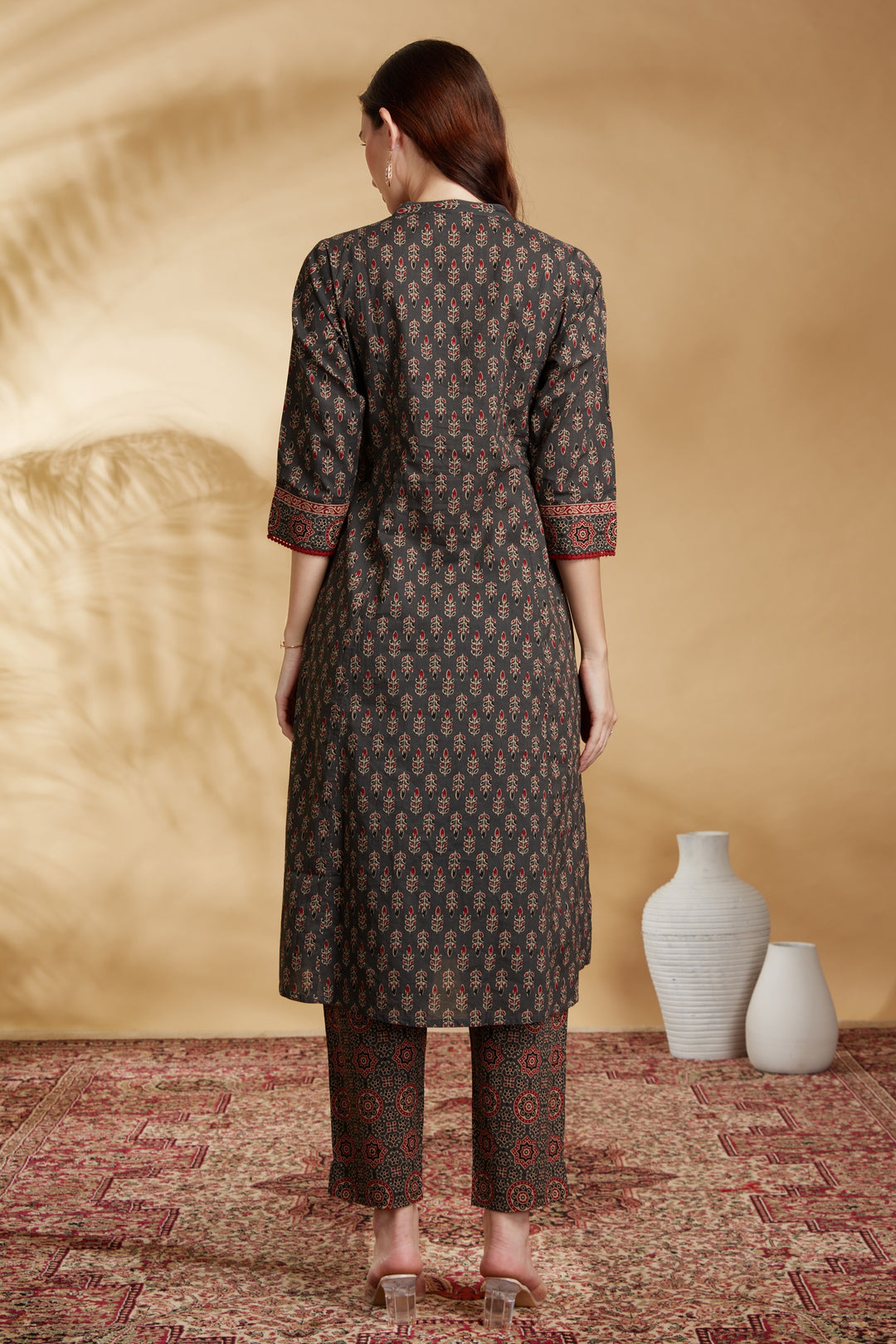 Dark Grey Printed A-Line Cotton Ethnic Set