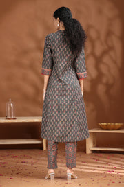 Dark Grey Printed A-Line Cotton Ethnic Set