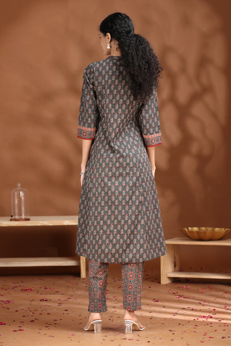 Dark Grey Printed A-Line Cotton Ethnic Set