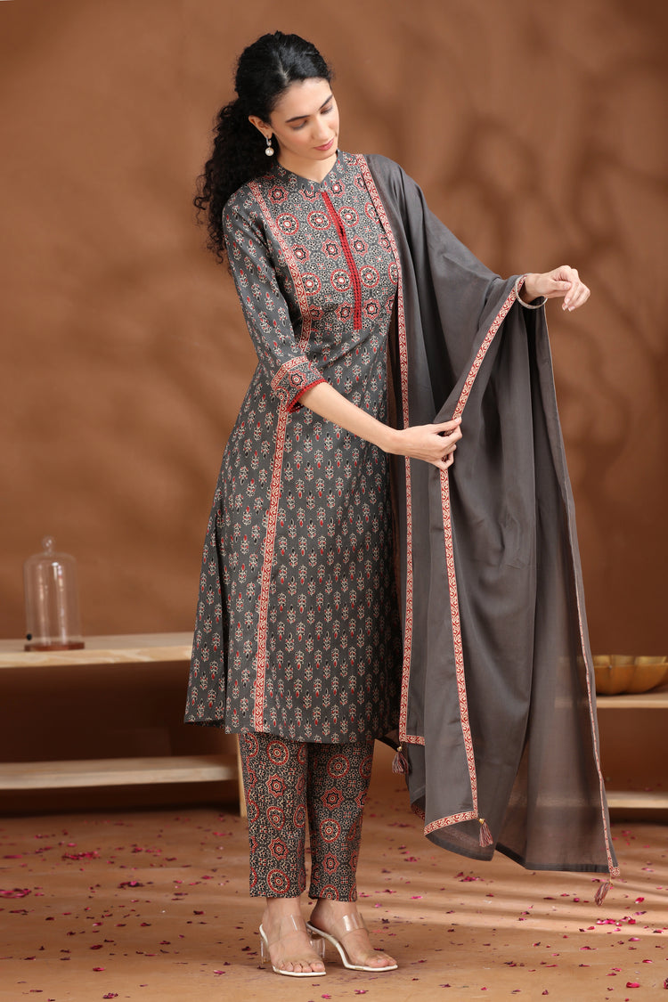Dark Grey Printed A-Line Cotton Ethnic Set