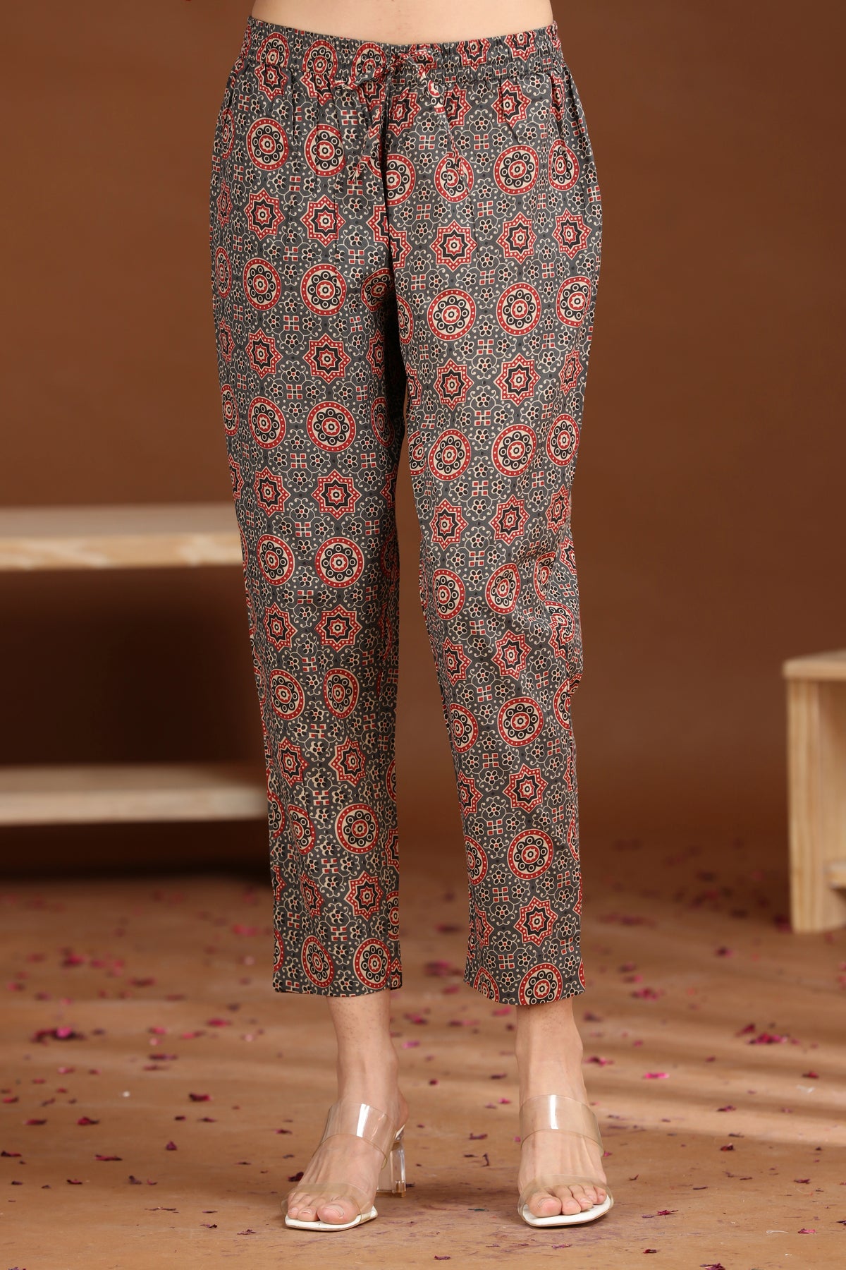 Dark Grey Printed A-Line Cotton Ethnic Set