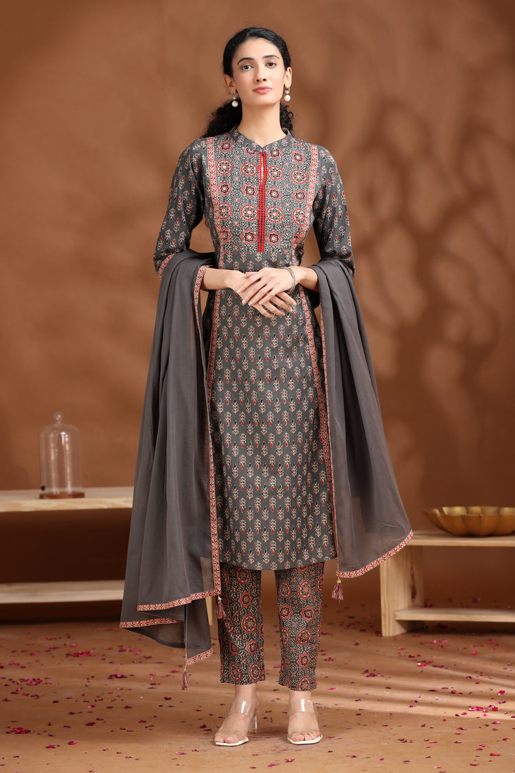 Dark Grey Printed A-Line Cotton Ethnic Set