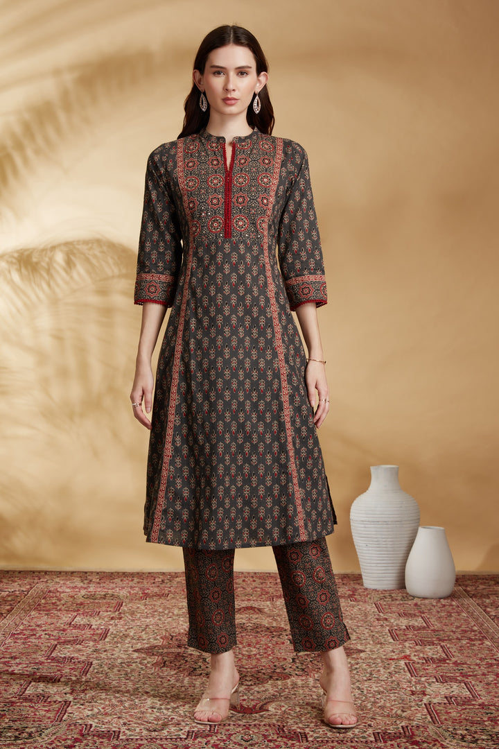 Dark Grey Printed A-Line Cotton Ethnic Set