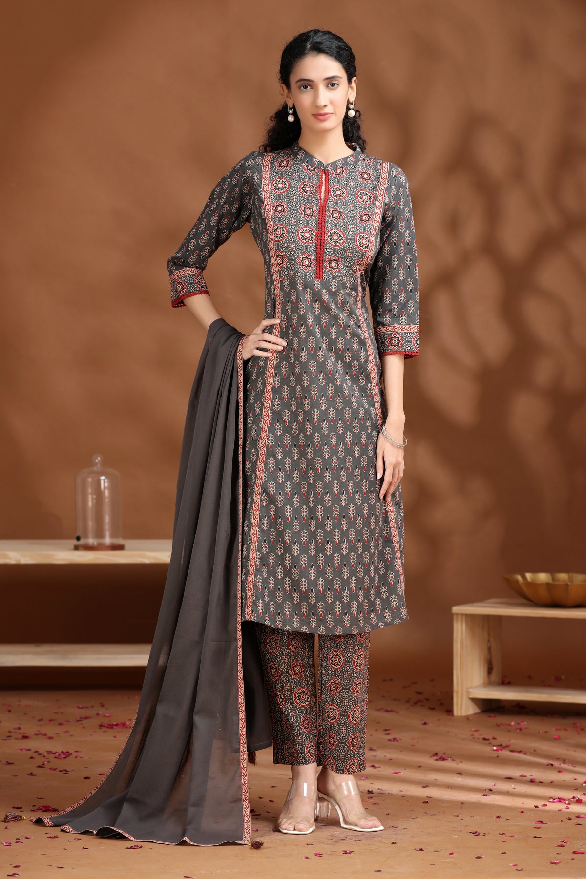Dark Grey Printed A-Line Cotton Ethnic Set