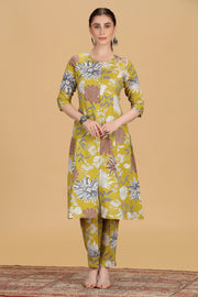 Dark Mustard Cotton Floral Printed A Line Kurta Pant Co ord Set