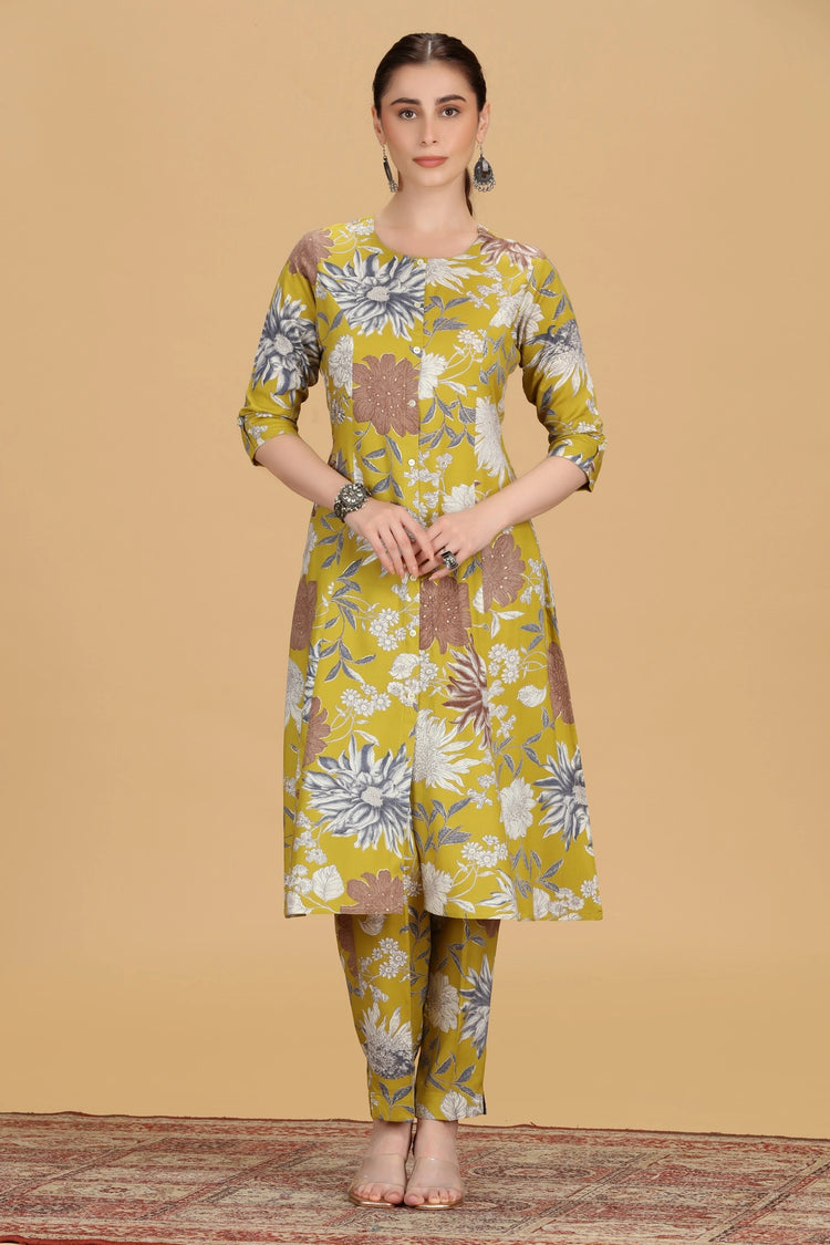 Dark Mustard Cotton Floral Printed A Line Kurta Pant Co ord Set
