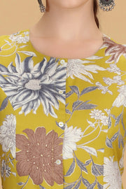 Dark Mustard Cotton Floral Printed A Line Kurta Pant Co ord Set