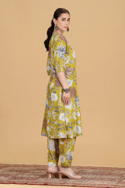 Dark Mustard Cotton Floral Printed A Line Kurta Pant Co ord Set