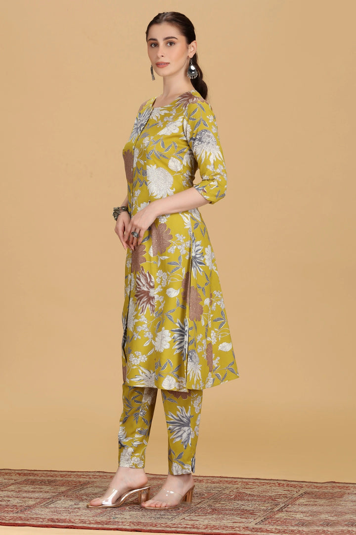 Dark Mustard Cotton Floral Printed A Line Kurta Pant Co ord Set
