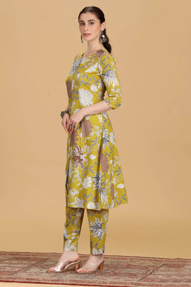 Dark Mustard Cotton Floral Printed A Line Kurta Pant Co ord Set