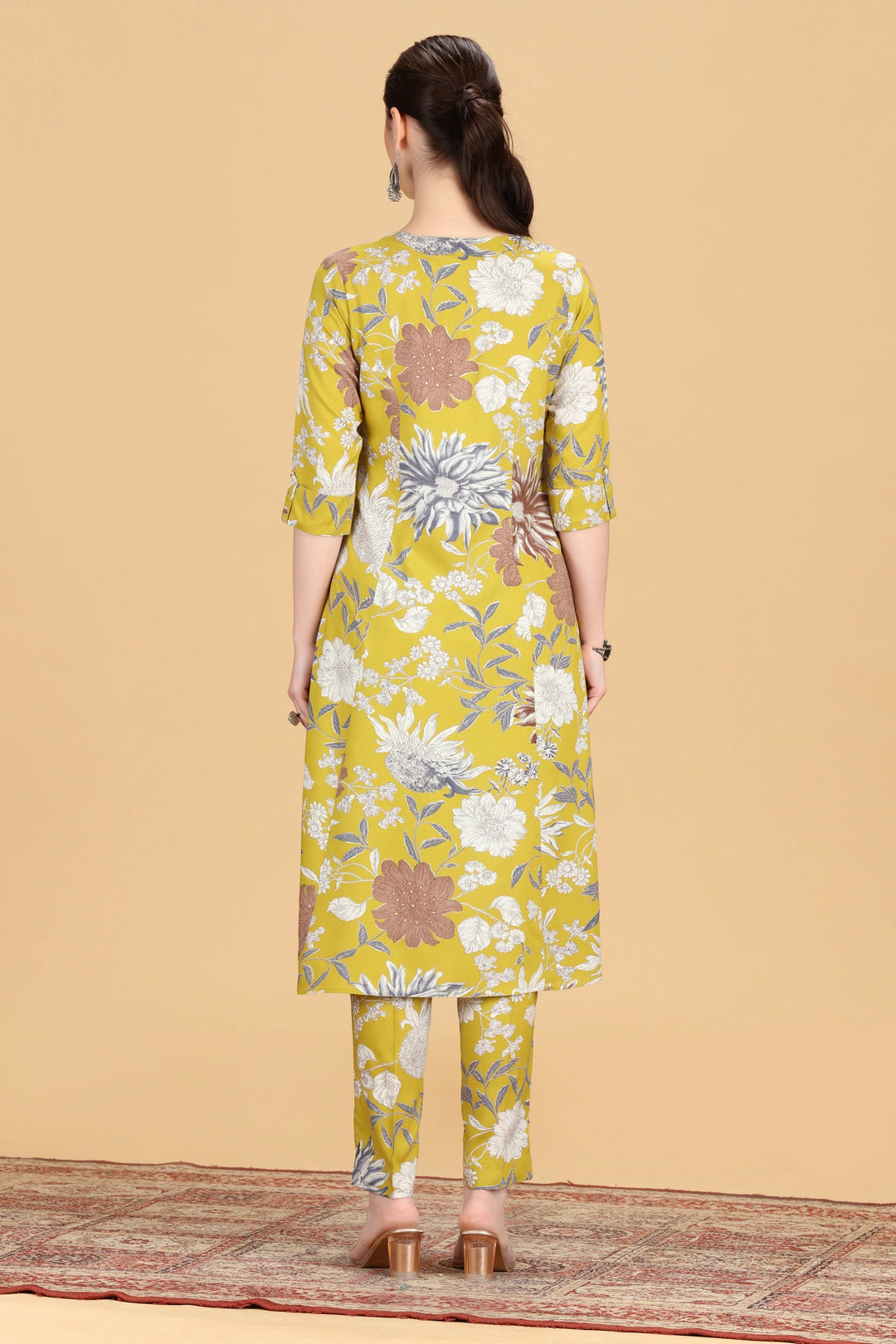 Dark Mustard Cotton Floral Printed A Line Kurta Pant Co ord Set