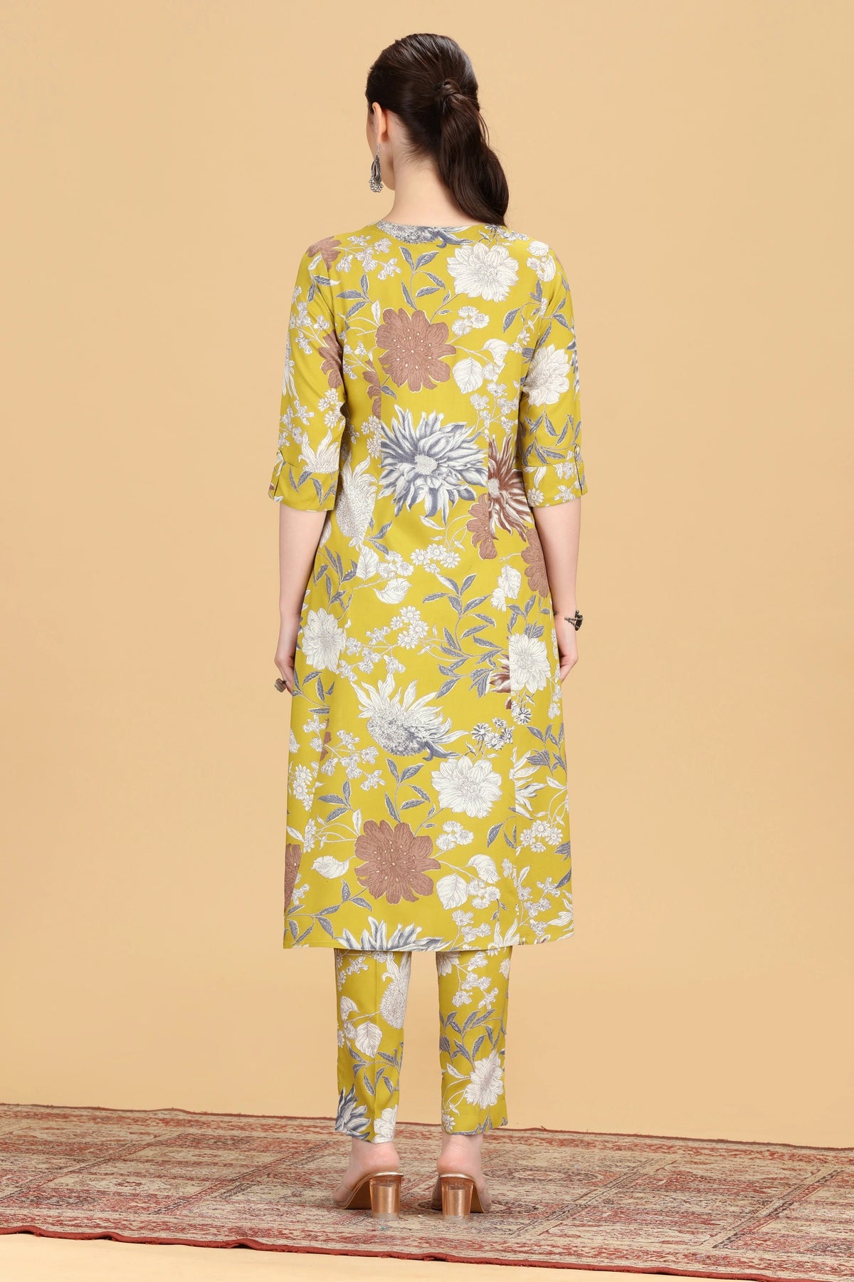 Dark Mustard Cotton Floral Printed A Line Kurta Pant Co ord Set