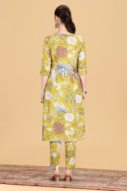 Dark Mustard Cotton Floral Printed A Line Kurta Pant Co ord Set