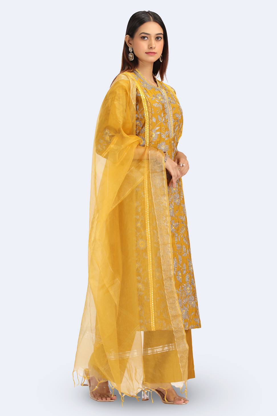 Dark Mustard Roman Silk Embroidered A Line Kurta Pant Dupatta Set