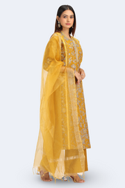 Dark Mustard Roman Silk Embroidered A Line Kurta Pant Dupatta Set