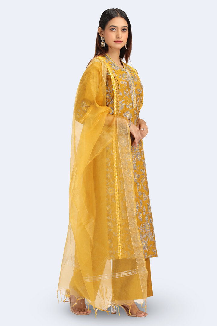 Dark Mustard Roman Silk Embroidered A Line Kurta Pant Dupatta Set