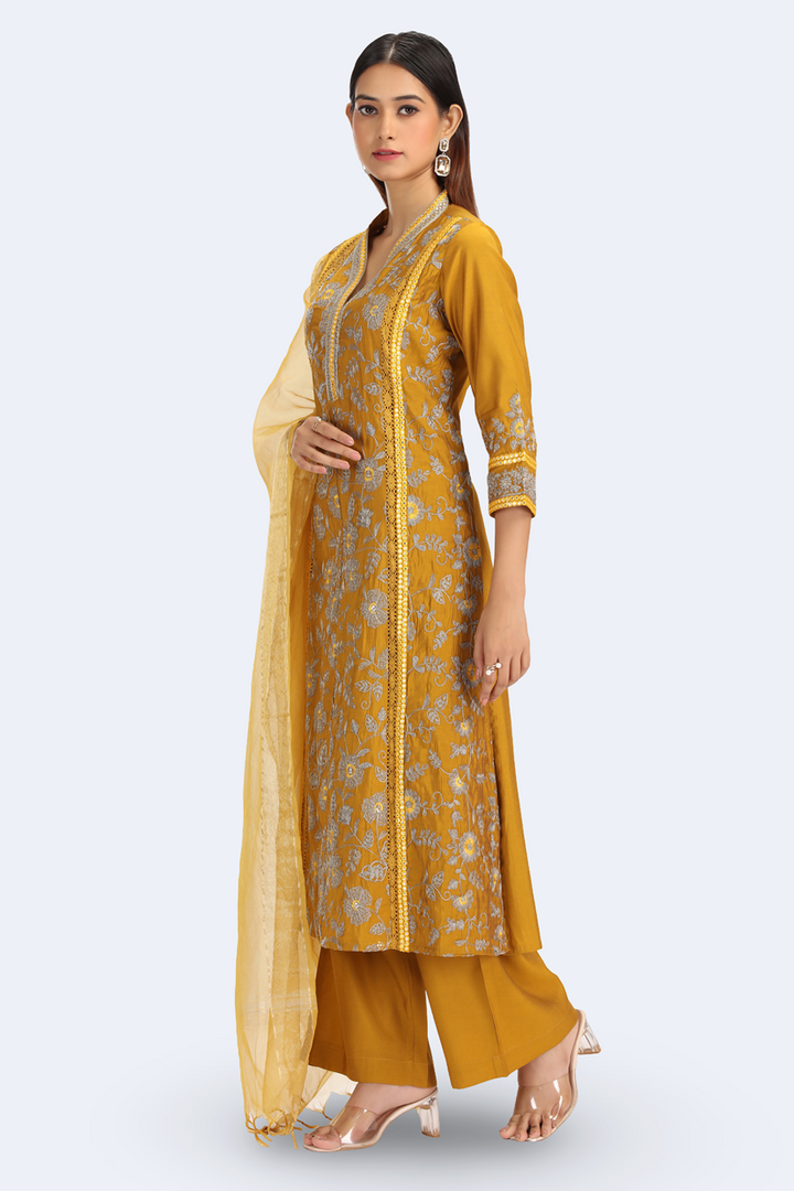 Dark Mustard Roman Silk Embroidered A Line Kurta Pant Dupatta Set