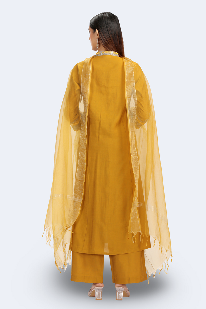 Dark Mustard Roman Silk Embroidered A Line Kurta Pant Dupatta Set