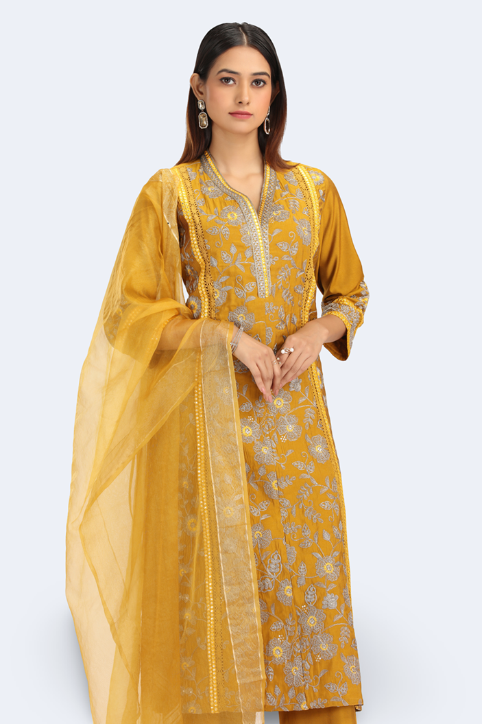 Dark Mustard Roman Silk Embroidered A Line Kurta Pant Dupatta Set
