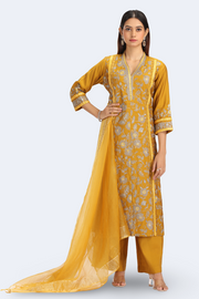 Dark Mustard Roman Silk Embroidered A Line Kurta Pant Dupatta Set