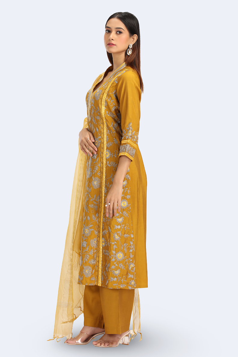 Dark Mustard Roman Silk Embroidered A Line Kurta Pant Dupatta Set