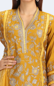 Dark Mustard Roman Silk Embroidered A Line Kurta Pant Dupatta Set