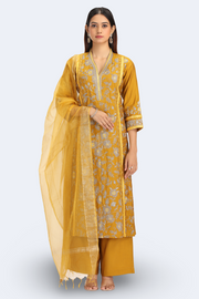 Dark Mustard Roman Silk Embroidered A Line Kurta Pant Dupatta Set