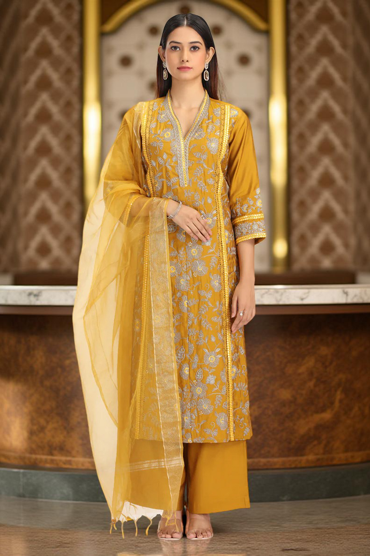 Dark Mustard Roman Silk Embroidered A Line Kurta Pant Dupatta Set