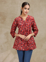 Dark Red Printed A-Line Cotton Tunic