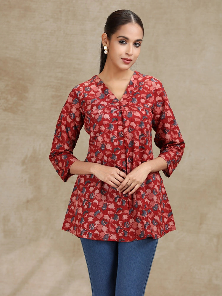 Dark Red Printed A-Line Cotton Tunic