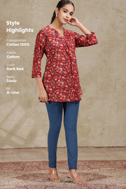Dark Red Printed A-Line Cotton Tunic