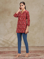 Dark Red Printed A-Line Cotton Tunic