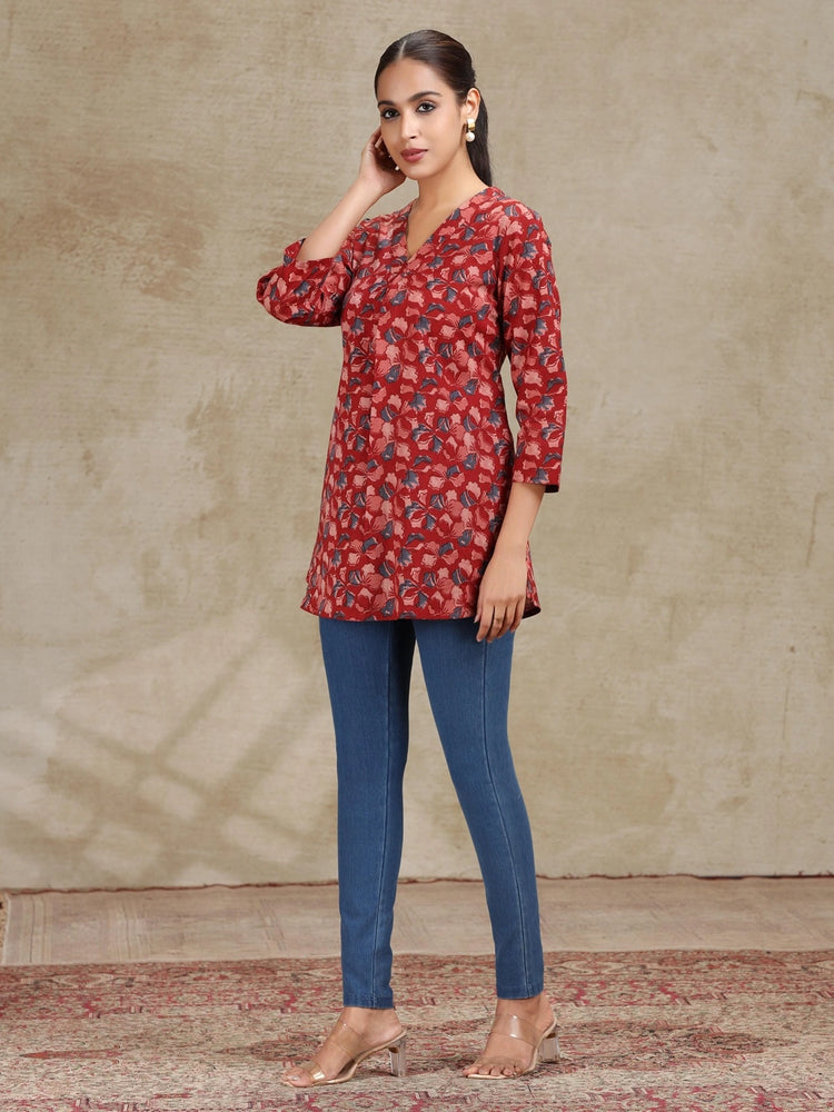 Dark Red Printed A-Line Cotton Tunic