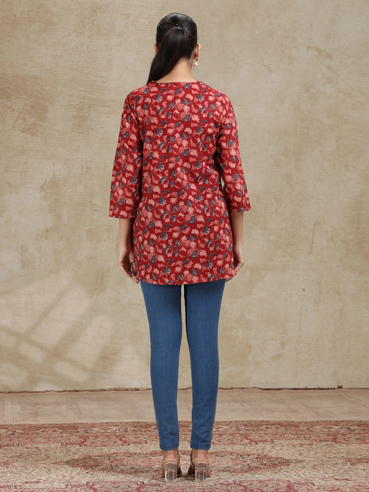 Dark Red Printed A-Line Cotton Tunic