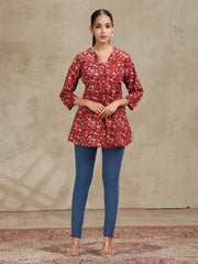 Dark Red Printed A-Line Cotton Tunic