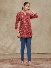 Dark Red Printed A-Line Cotton Tunic