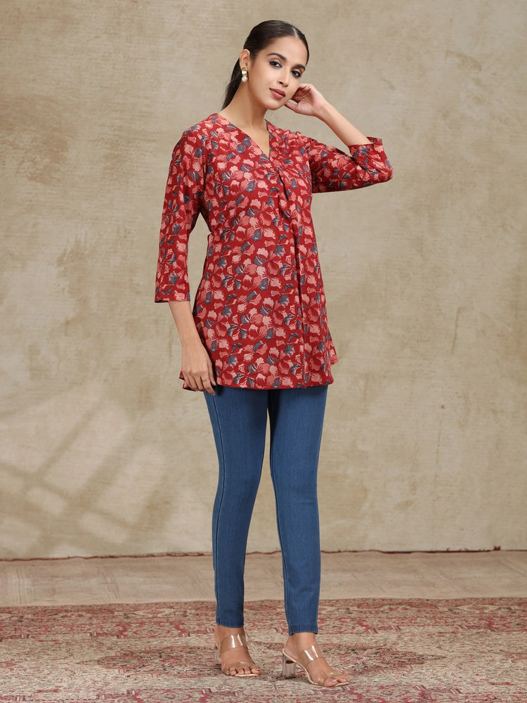 Dark Red Printed A-Line Cotton Tunic