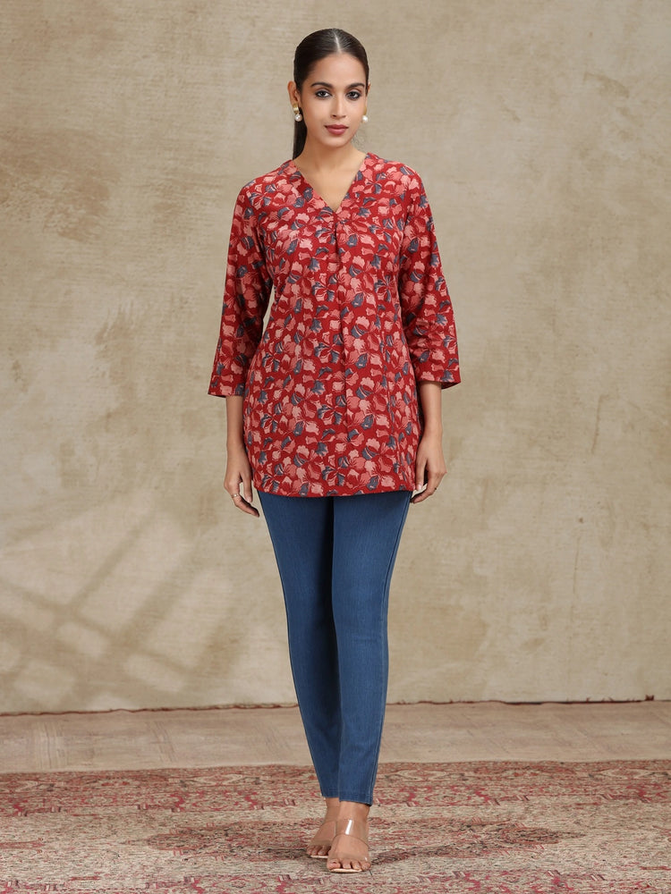 Dark Red Printed A-Line Cotton Tunic