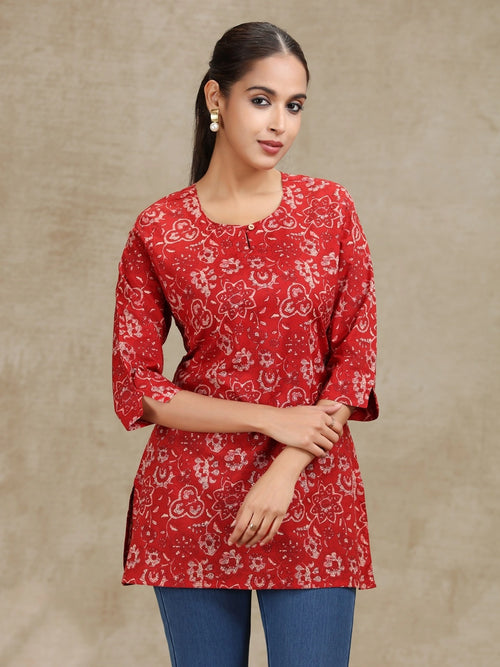 Dark Red Printed Straight Tunic