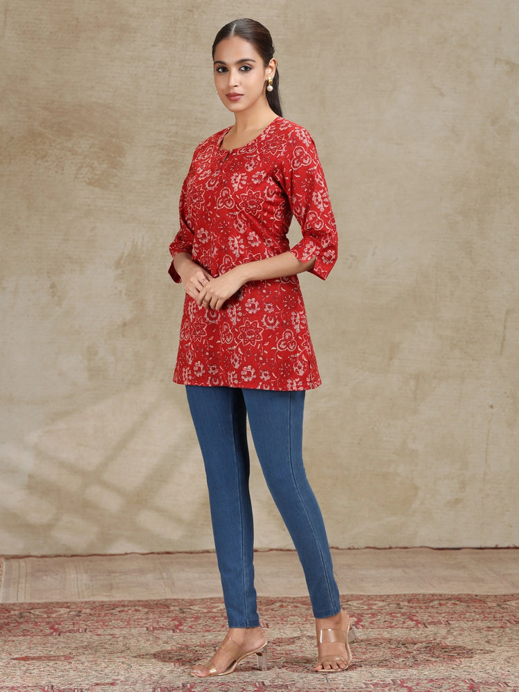 Dark Red Printed Straight Tunic
