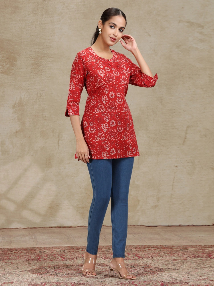 Dark Red Printed Straight Tunic