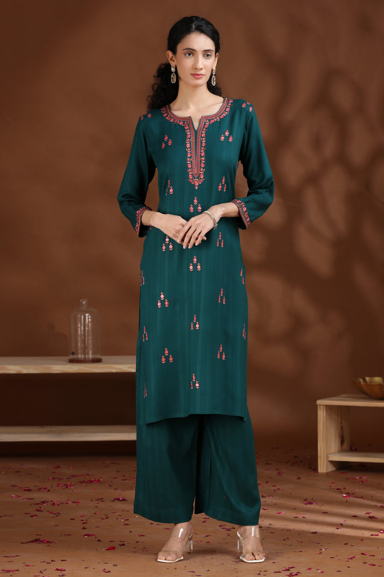 Dark Teal Embroidered Straight Cotton Co-ord Set