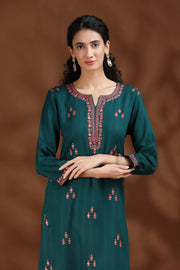 Dark Teal Embroidered Straight Cotton Co-ord Set