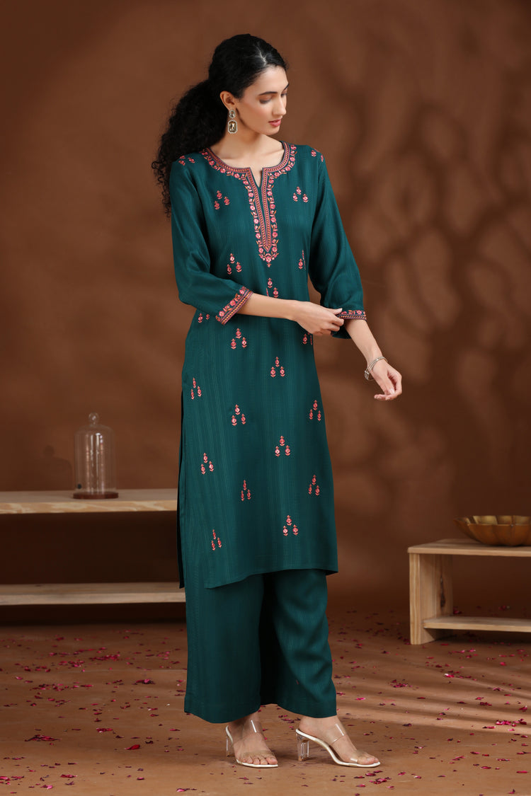 Dark Teal Embroidered Straight Cotton Co-ord Set